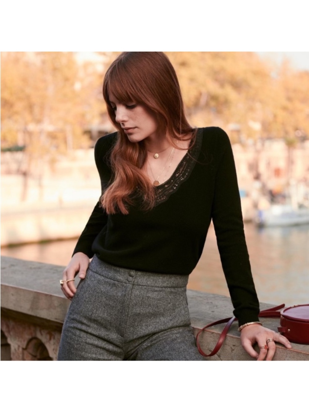 Sezane Janelle Black V-Neck Sweater with Lace Trim! Gorgeous! Size Small!